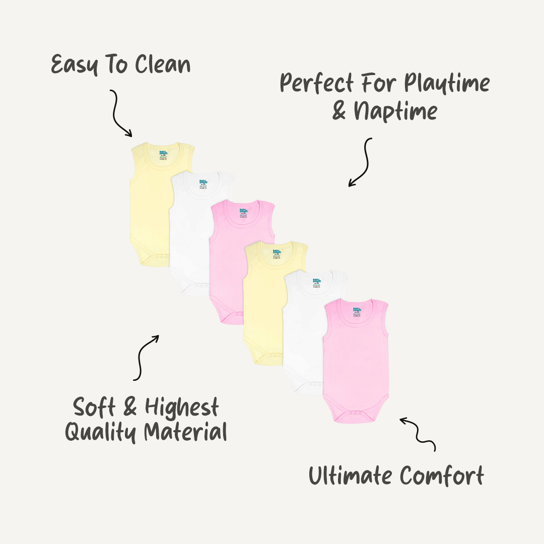 Babies Basic - 6pc-Set - 100% Cotton Sleeveless Bodysuit ‚ Pink, Lemon, White