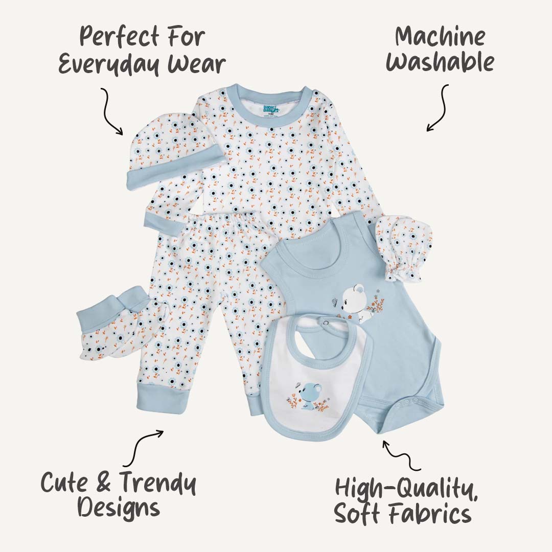7pc Cotton Set - Bib, Romper, Mittens, Socks, Cap, Top & Pyjama -Blue