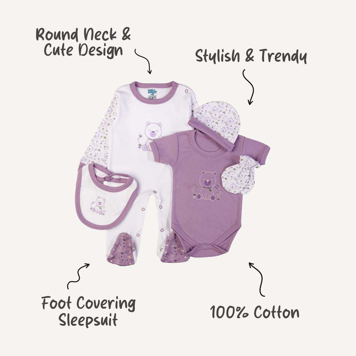 5pc Cotton Set - Bib, Romper, Mittens, Cap, Sleepsuit - Teddy - Mouve