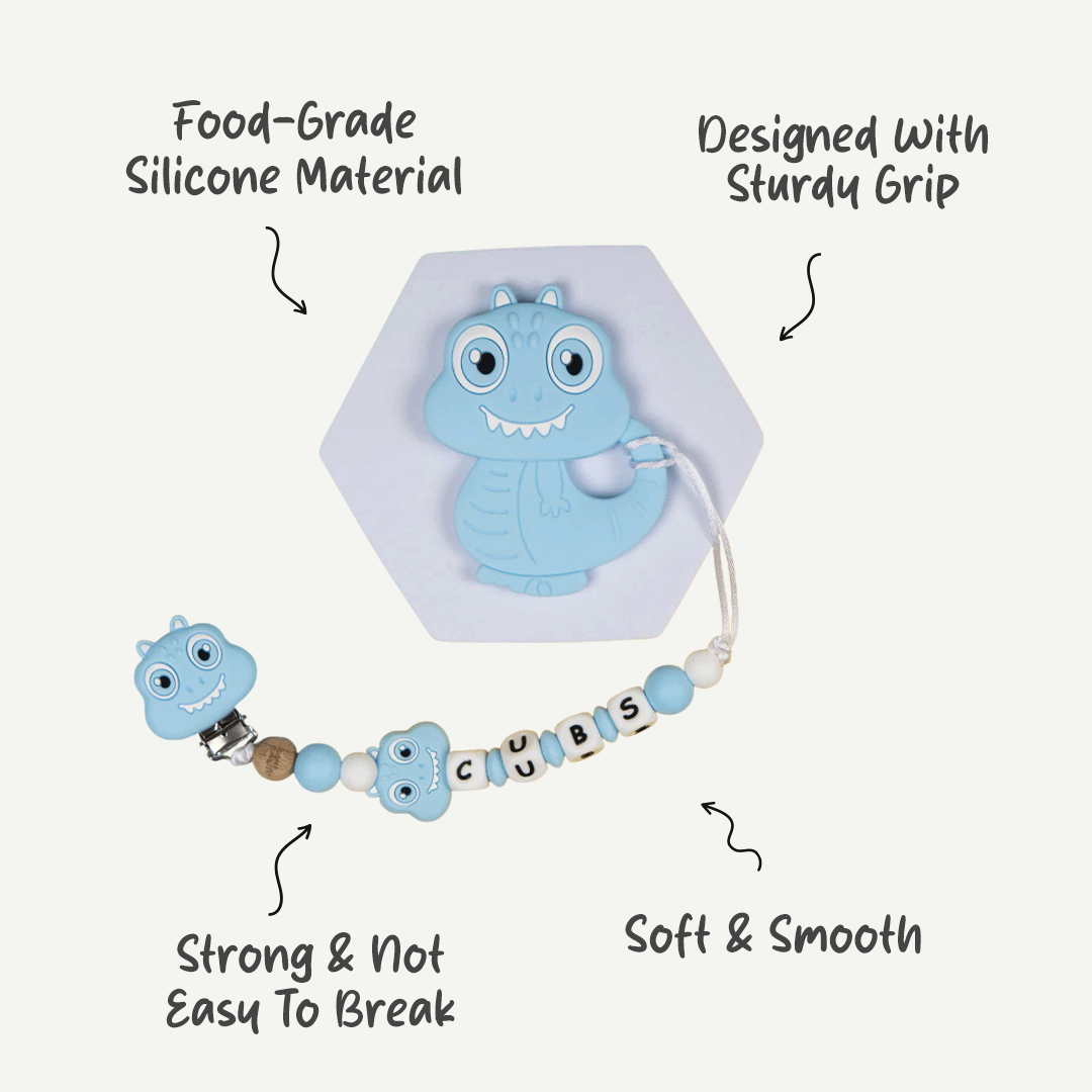 Personalized Blue Dinosaur Pacifier Clip For Babies | Non-Toxic & Safe!