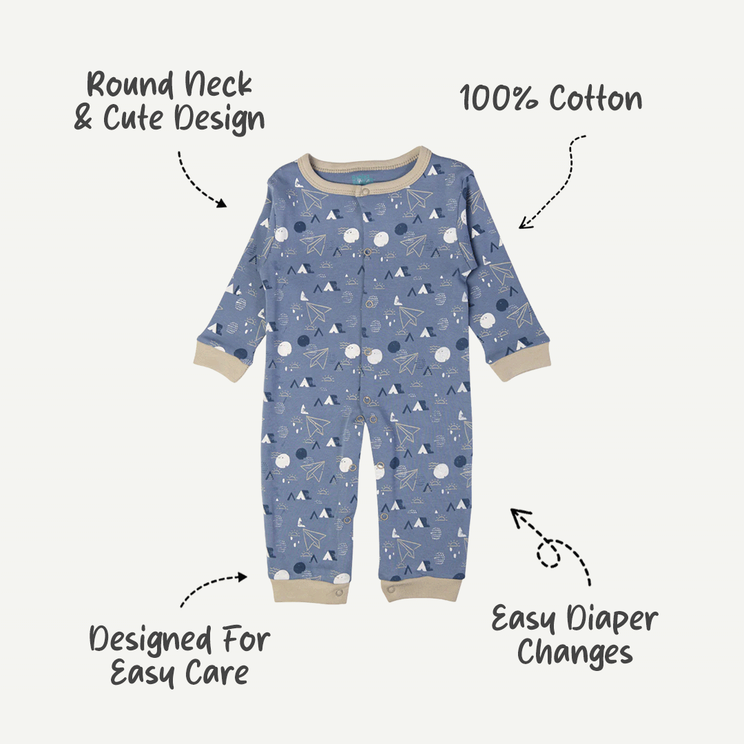 Babies Basic - Printed Cotton Long Sleeves Sleepsuit/Romper -Blue