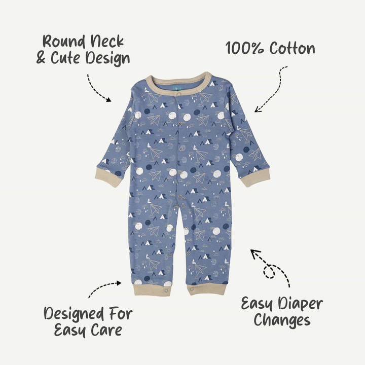Babies Basic - Printed Cotton Long Sleeves Sleepsuit/Romper -Blue