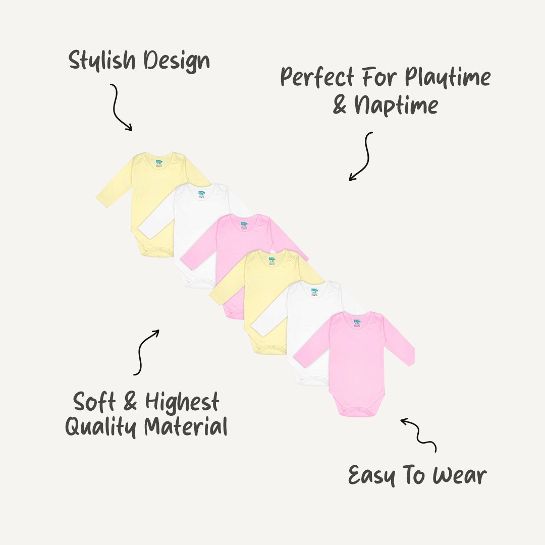 Babies Basic - 6pc-Set - 100% Cotton LongSleeve Bodysuit ‚ Pink, Lemon, White