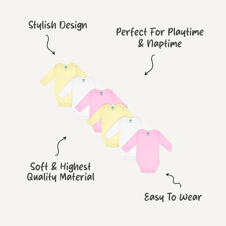 Babies Basic - 6pc-Set - 100% Cotton LongSleeve Bodysuit ‚ Pink, Lemon, White