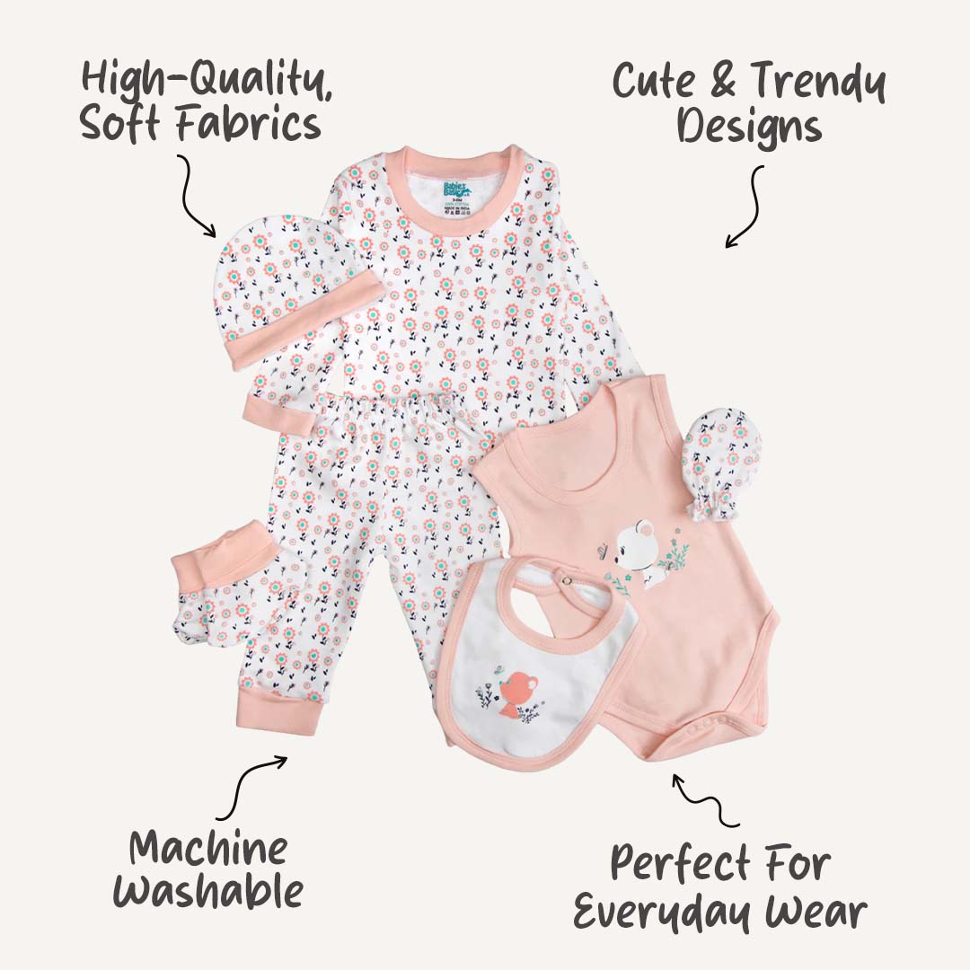 7pc Cotton Set - Bib, Romper, Mittens, Socks, Cap, Top & Pyjama -Pink