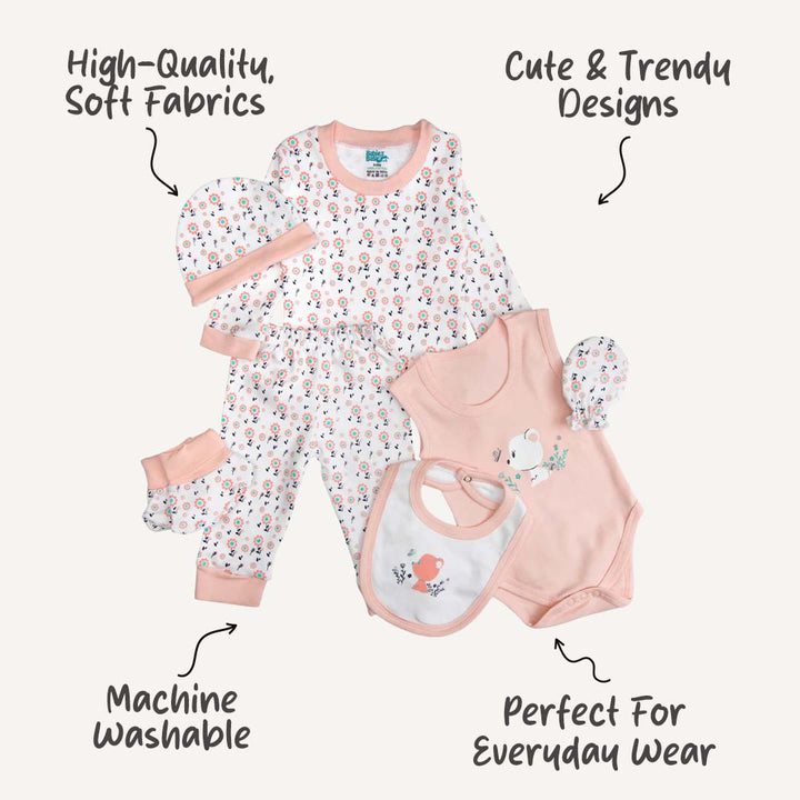 7pc Cotton Set - Bib, Romper, Mittens, Socks, Cap, Top & Pyjama -Pink