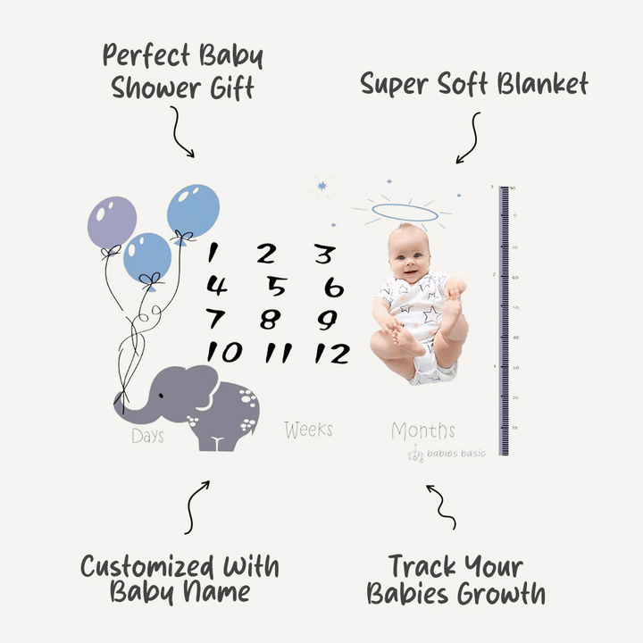 Personalized Milestone Blanket - Elephant with Balloons | Super Soft Blanket |