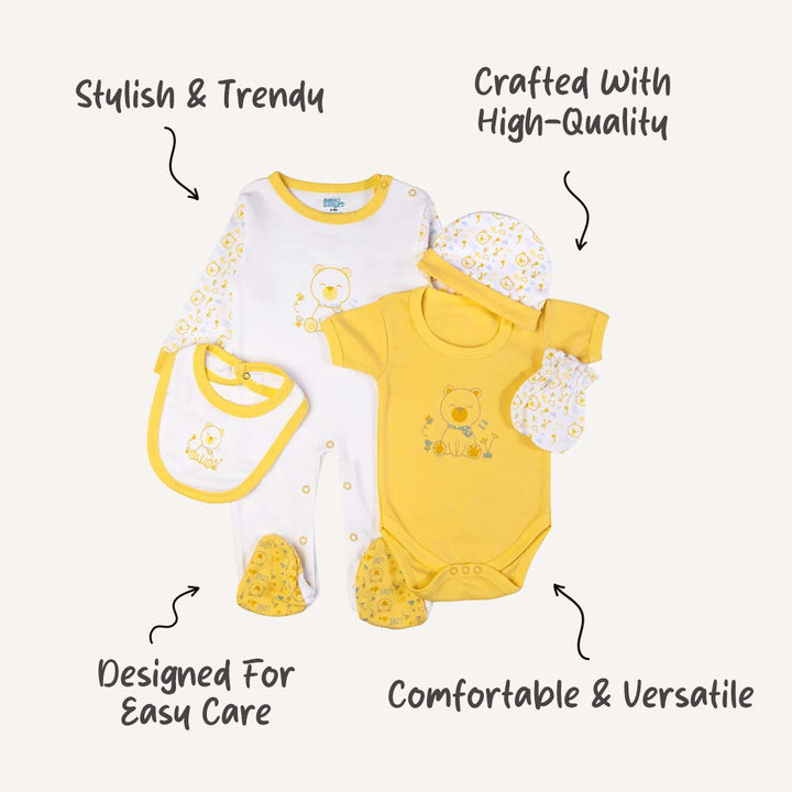5pc Cotton Set - Bib, Romper, Mittens, Cap, Sleepsuit - Teddy - Lemon/Yellow