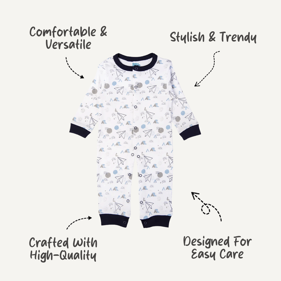 Babies Basic - Printed Cotton Long Sleeves Sleepsuit/Romper -White