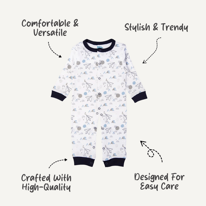 Babies Basic - Printed Cotton Long Sleeves Sleepsuit/Romper -White