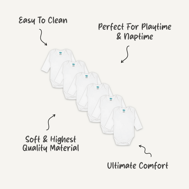 Babies Basic - 6pc-Set - 100% Cotton LongSleeve Bodysuit ‚ White