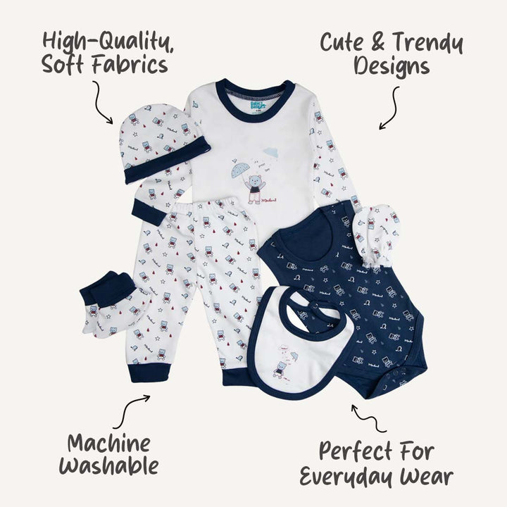 7pc Cotton Set - Bib, Romper, Mittens, Socks, Cap, Top & Pyjama -Blue