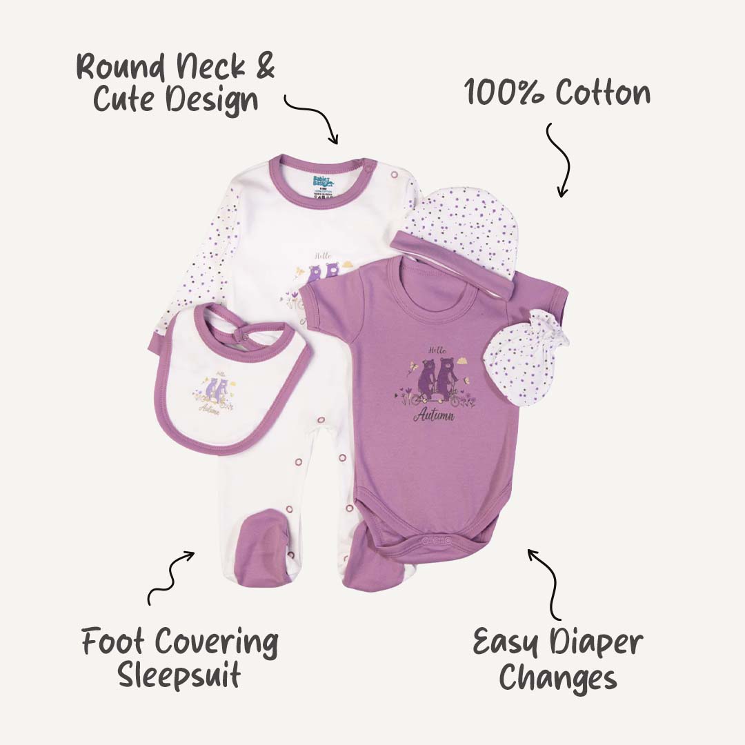 5pc Cotton Set - Bib, Romper, Mittens, Cap, Sleepsuit - Hello Autumn - Mouve