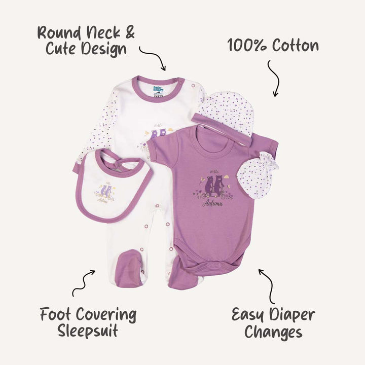 5pc Cotton Set - Bib, Romper, Mittens, Cap, Sleepsuit - Hello Autumn - Mouve