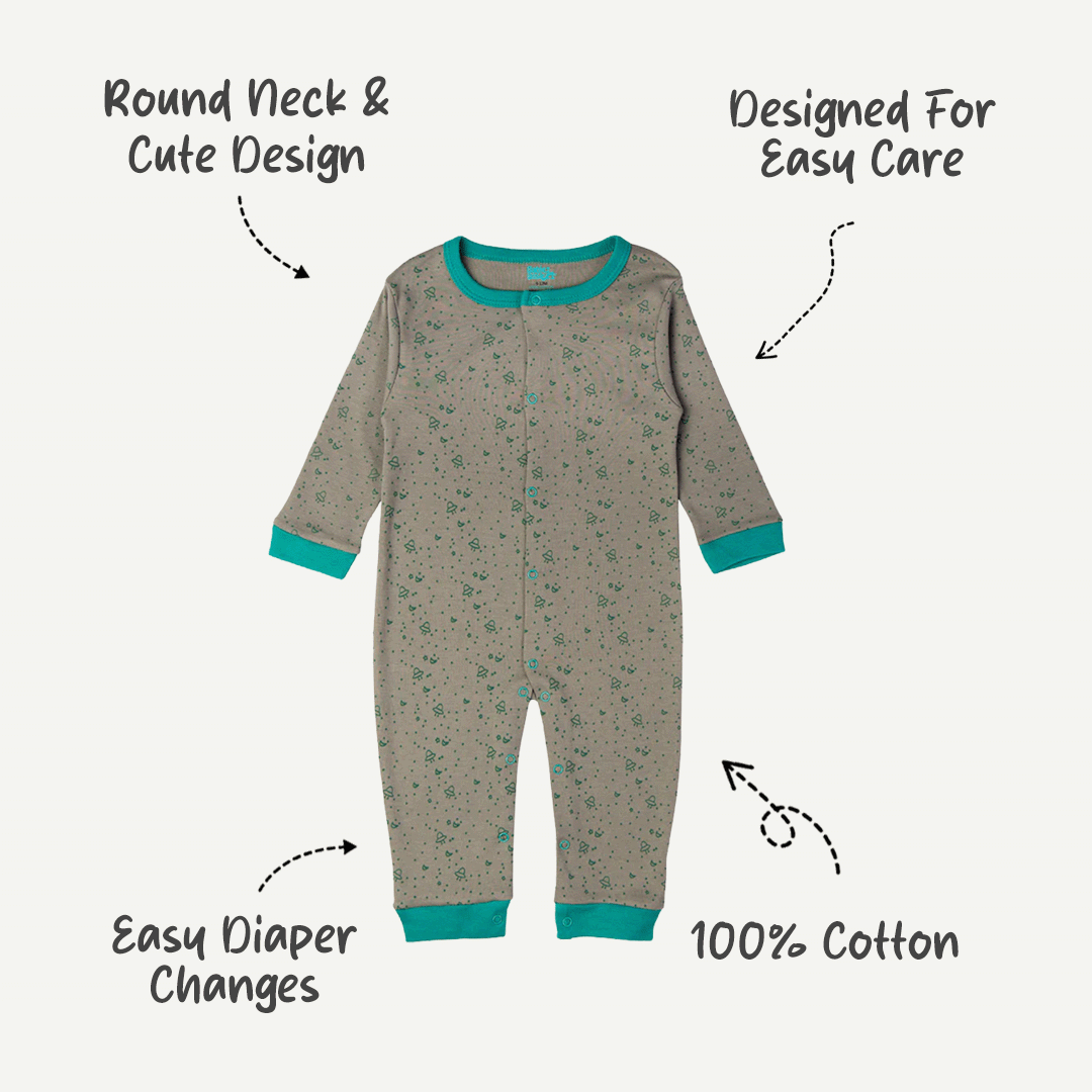 Babies Basic - Printed Cotton Long Sleeves Sleepsuit/Romper -Grey/Green