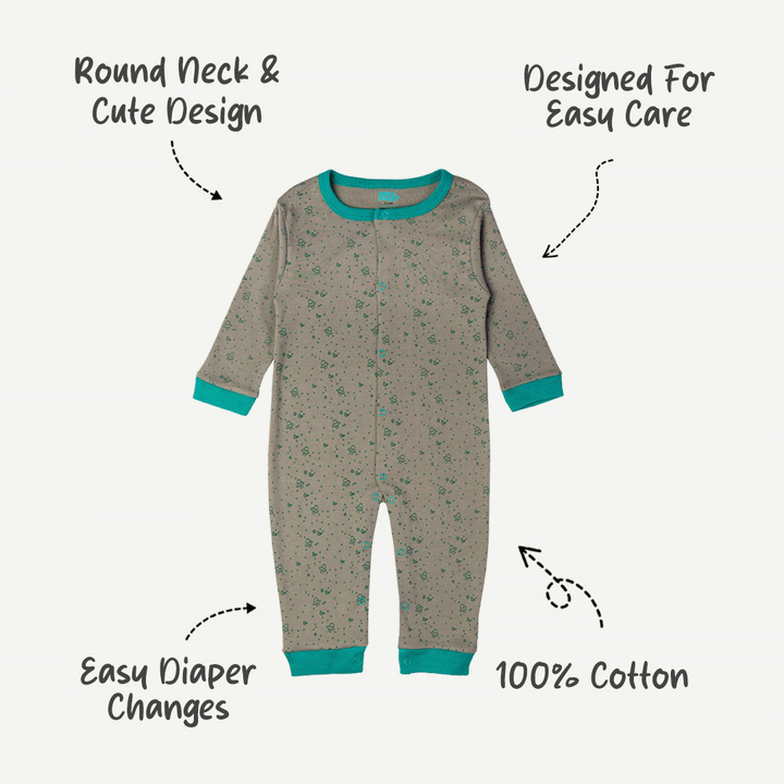 Babies Basic - Printed Cotton Long Sleeves Sleepsuit/Romper -Grey/Green