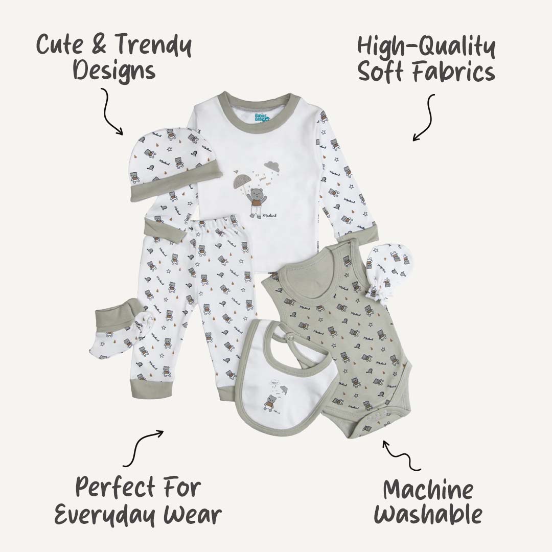 7pc Cotton Set - Bib, Romper, Mittens, Socks, Cap, Top & Pyjama -Green