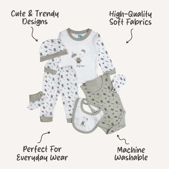 7pc Cotton Set - Bib, Romper, Mittens, Socks, Cap, Top & Pyjama -Green