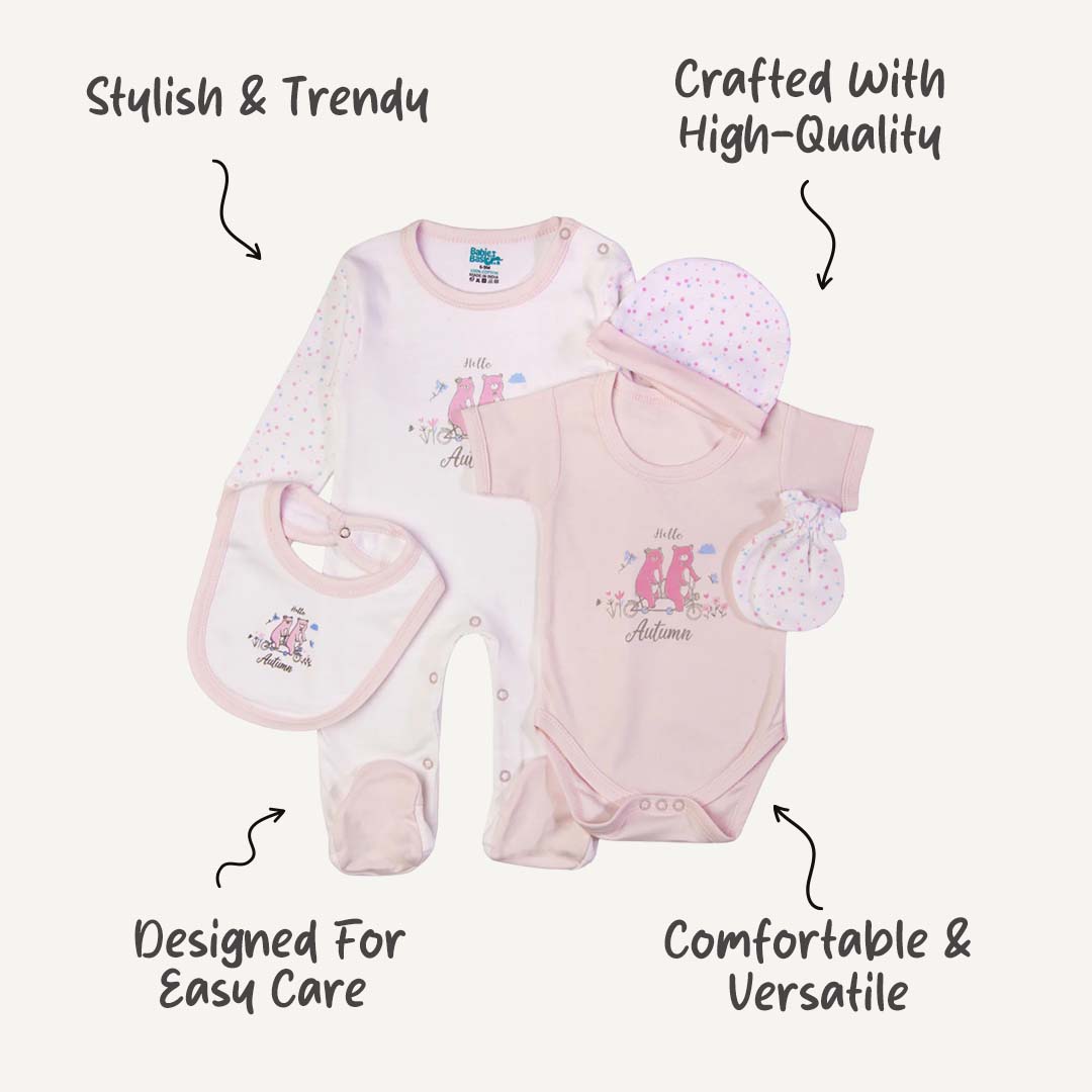 5pc Cotton Set - Bib, Romper, Mittens, Cap, Sleepsuit - Hello Autumn - Pink