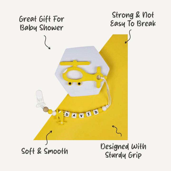 Personalized Pacifier Clip for Babies - Yellow Helicopter | Non-Toxic Material