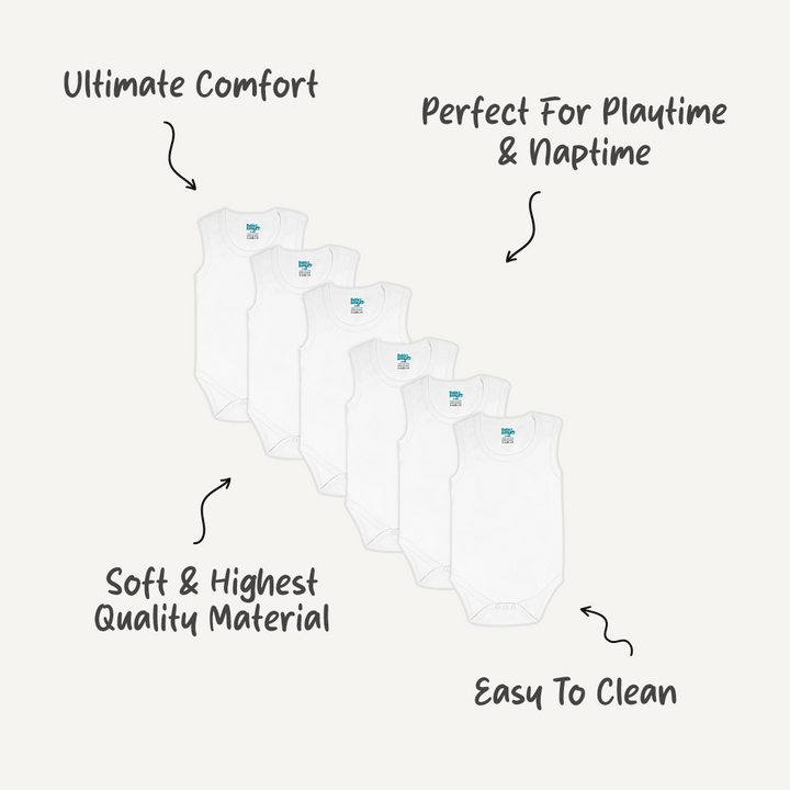 Babies Basic - 6pc-Set - 100% Cotton Sleeveless Bodysuit ‚ White