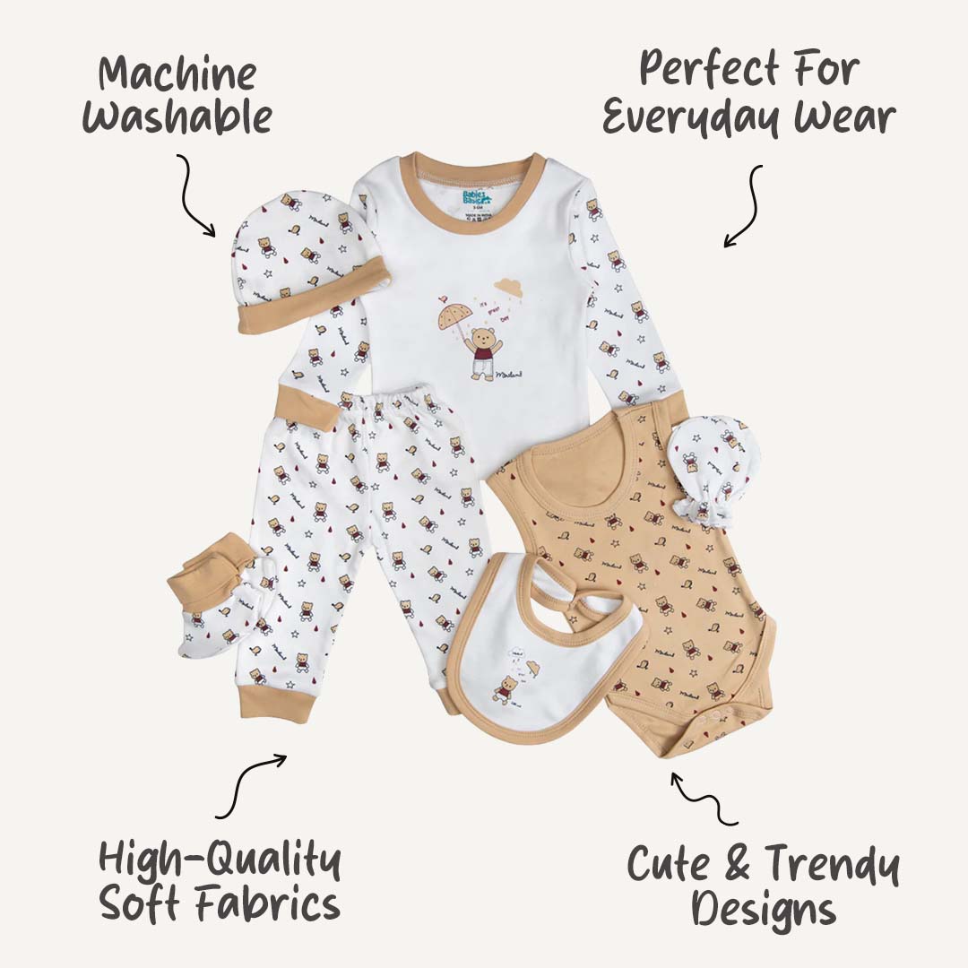 7pc Cotton Set - Bib, Romper, Mittens, Socks, Cap, Top & Pyjama -Brown