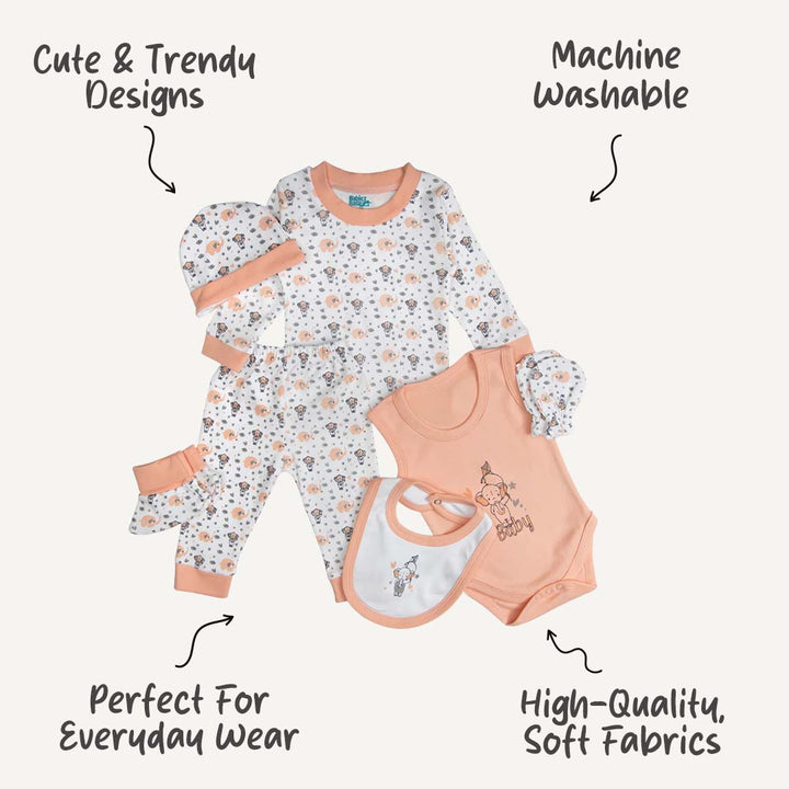 7pc Cotton Set - Bib, Romper, Mittens, Socks, Cap, Top & Pyjama - Peach Baby