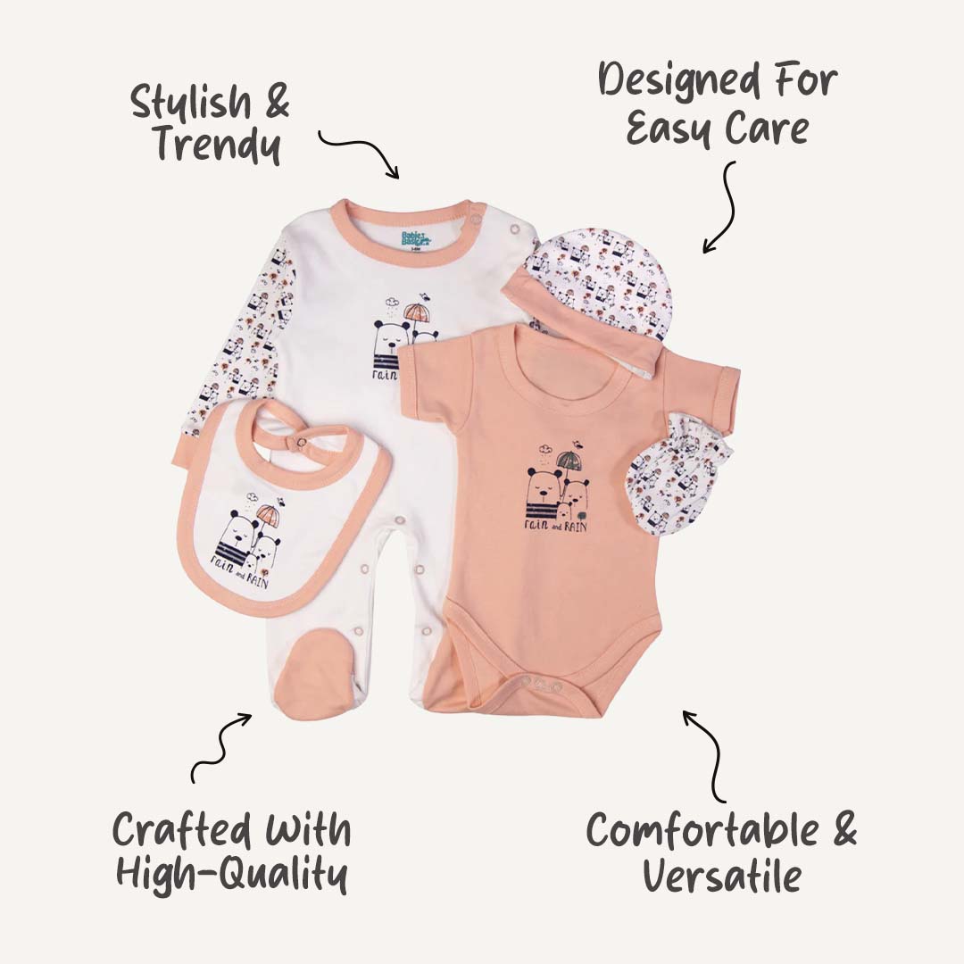 5pc Cotton Set - Bib, Romper, Mittens, Cap, Sleepsuit -  Rain - Peach