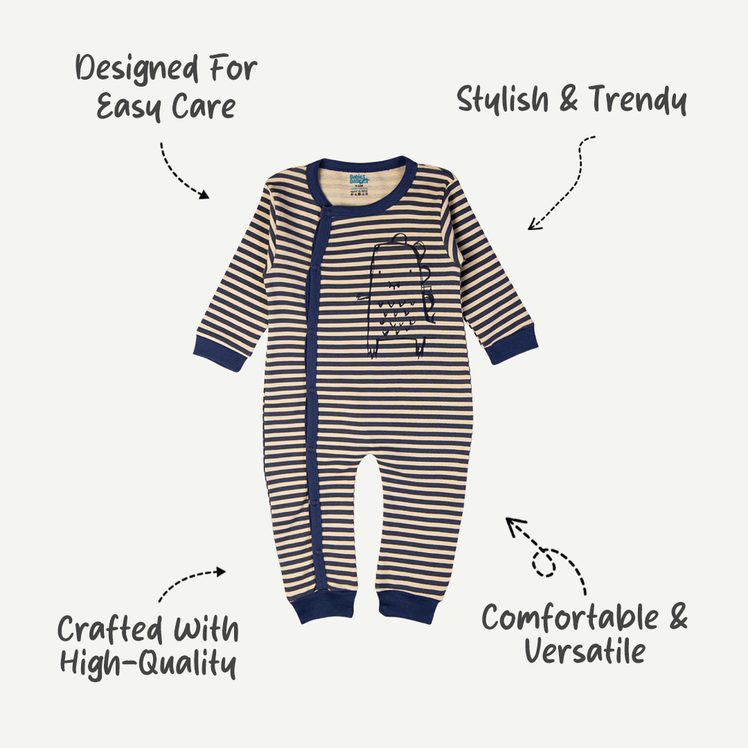 Babies Basic - Printed Cotton Long Sleeves Sleepsuit/Romper -Beige/Blue