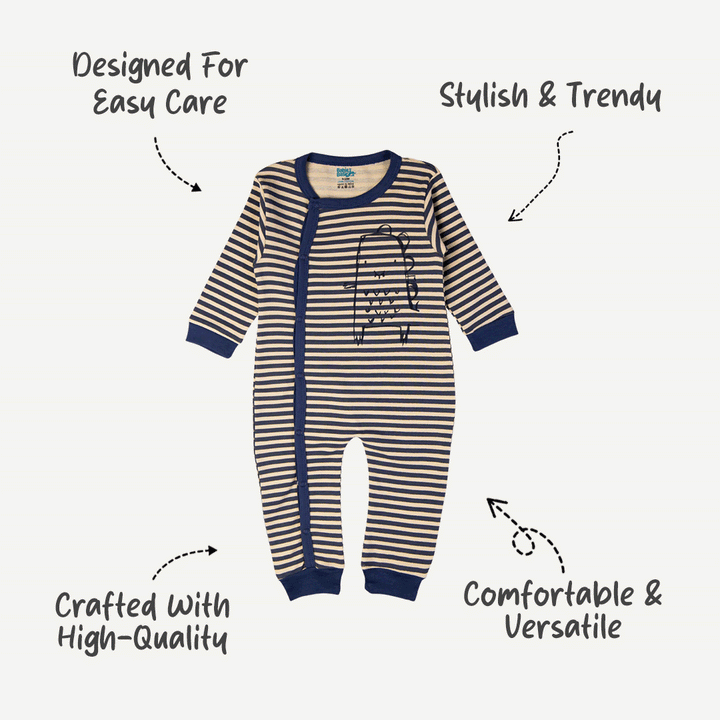 Babies Basic - Printed Cotton Long Sleeves Sleepsuit/Romper -Beige/Blue