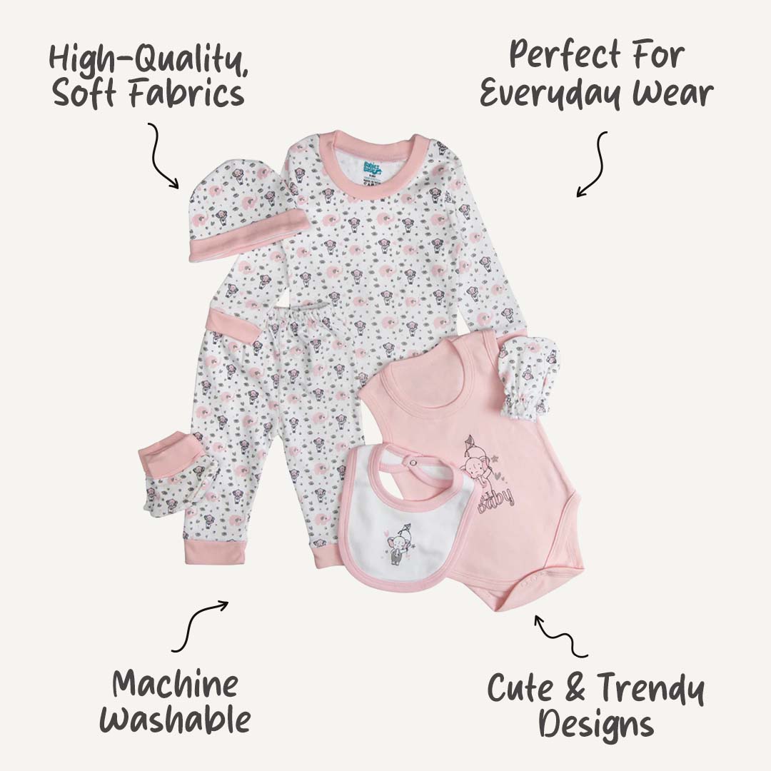7pc Cotton Set - Bib, Romper, Mittens, Socks, Cap, Top & Pyjama - Pink Baby