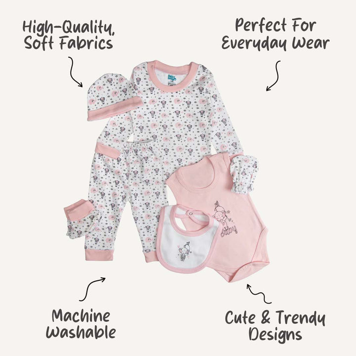 7pc Cotton Set - Bib, Romper, Mittens, Socks, Cap, Top & Pyjama - Pink Baby