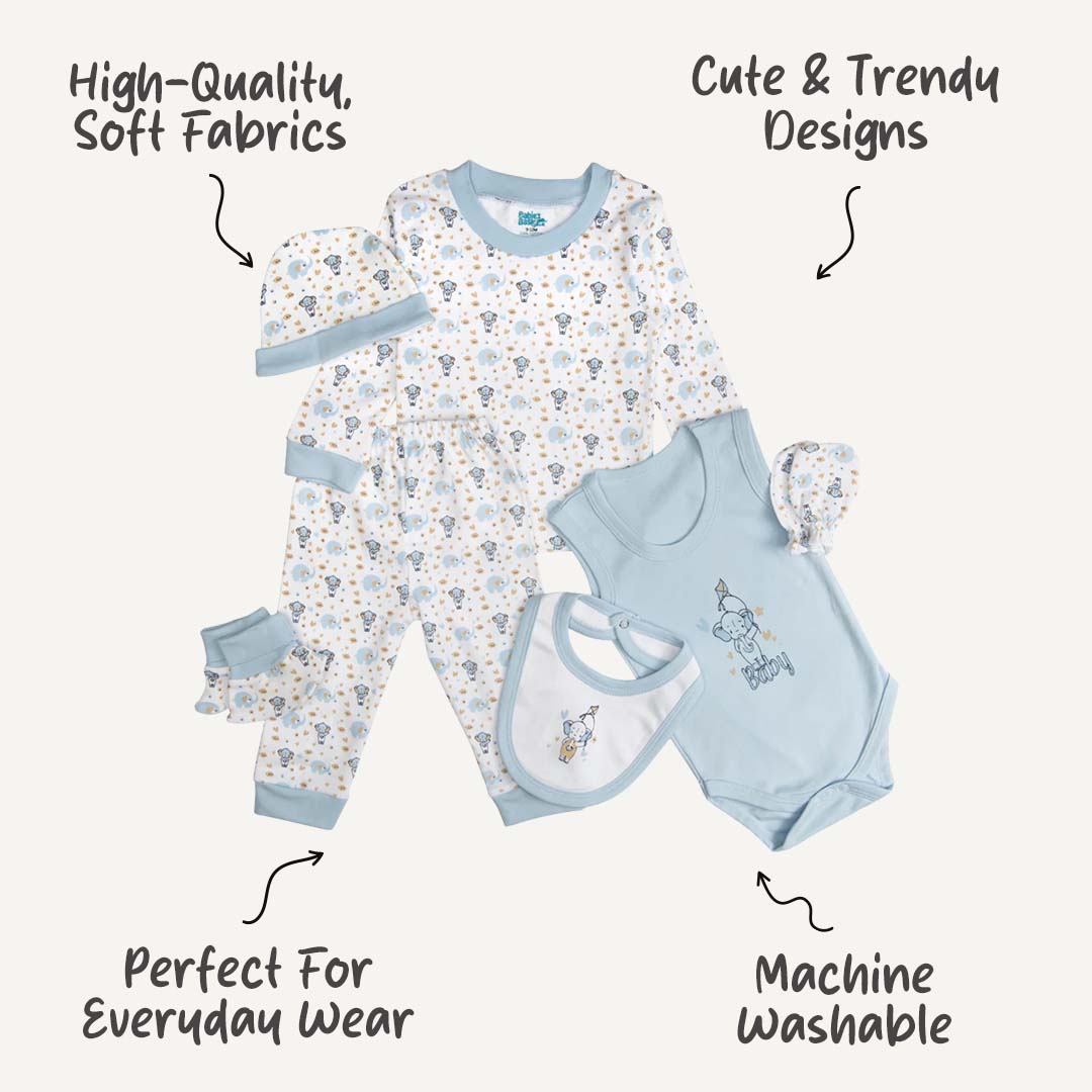 7pc Cotton Set - Bib, Romper, Mittens, Socks, Cap, Top & Pyjama - Blue Baby