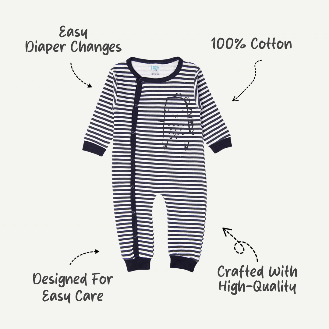 Babies Basic - Printed Cotton Long Sleeves Sleepsuit/Romper -Grey/Blue