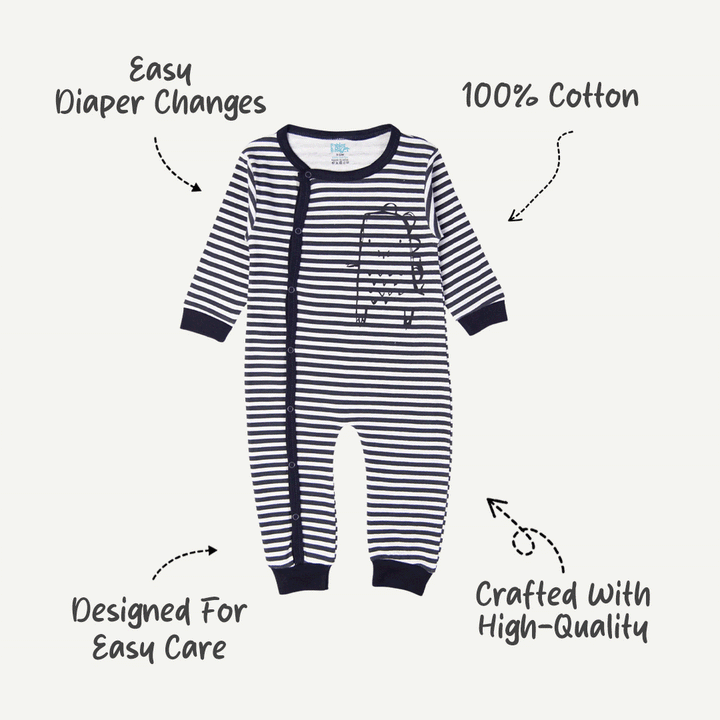Babies Basic - Printed Cotton Long Sleeves Sleepsuit/Romper -Grey/Blue
