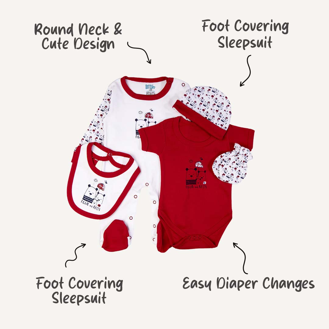 5pc Cotton Set - Bib, Romper, Mittens, Cap, Sleepsuit -  Rain - Red
