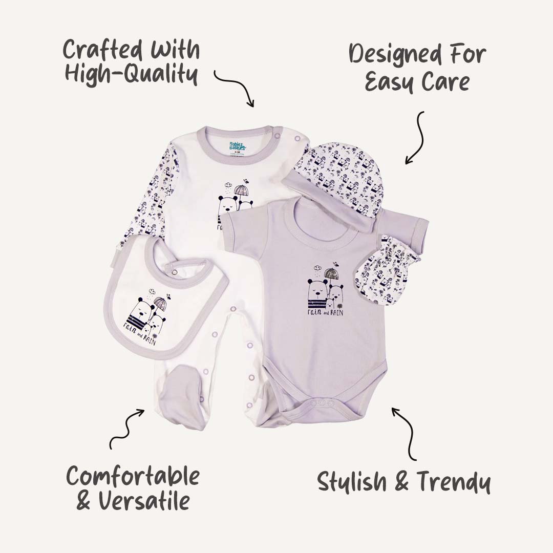 5pc Cotton Set - Bib, Romper, Mittens, Cap, Sleepsuit -  Rain - Lavander