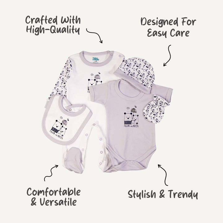 5pc Cotton Set - Bib, Romper, Mittens, Cap, Sleepsuit -  Rain - Lavander