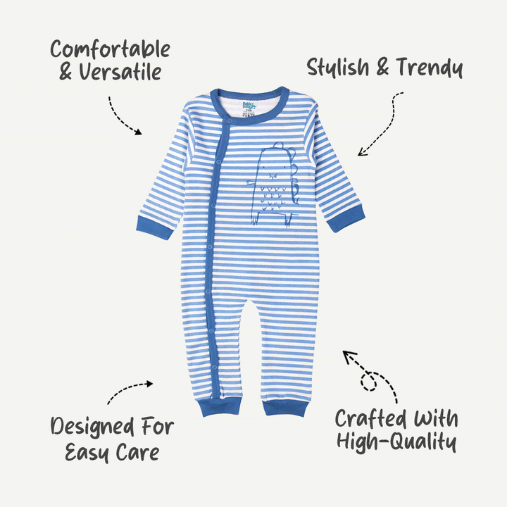 Babies Basic - Printed Cotton Long Sleeves Sleepsuit/Romper -Blue/White