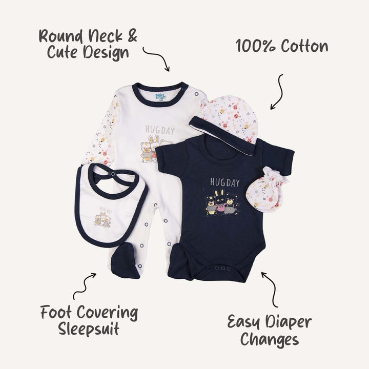 5pc Cotton Set - Bib, Romper, Mittens, Cap, Sleepsuit -  Hug Day - Navy