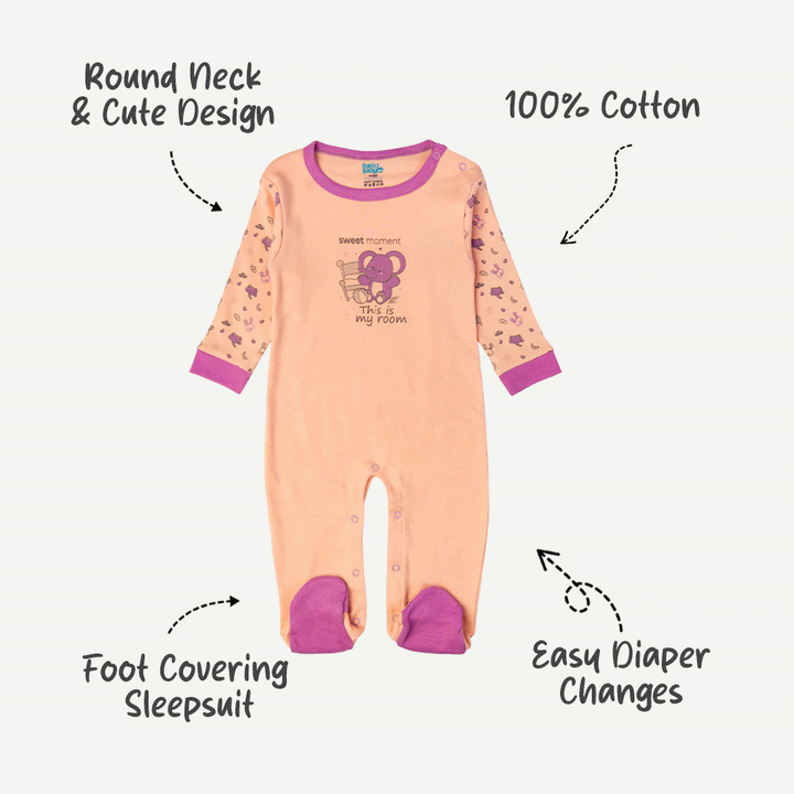 Babies Basic - Printed Cotton Long Sleeves Sleepsuit/Romper -Orange/Purple