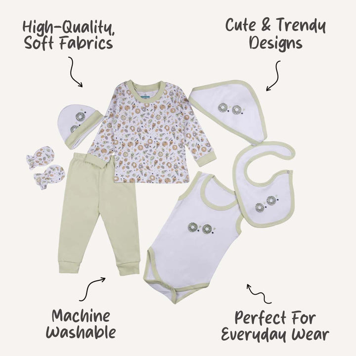 Seven Piece Unisex 100% Cotton Gift Set - Green | Soft & Versatile Baby Essentials