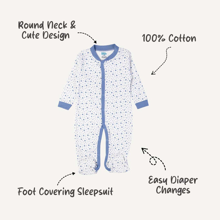Babies Basic - Printed Cotton Long Sleeves Sleepsuit/Romper - Blue/White