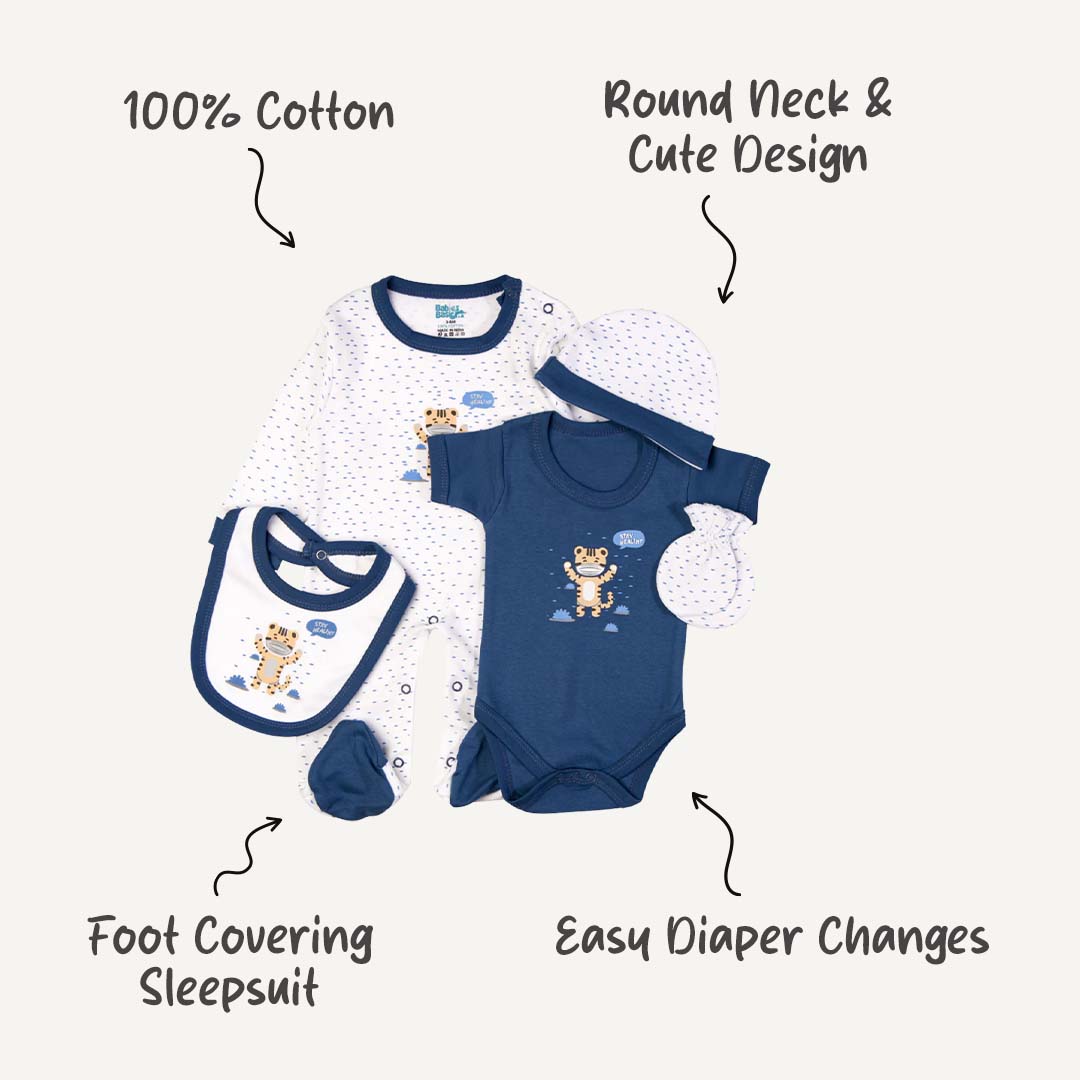 5pc Cotton Set - Bib, Romper, Mittens, Cap, Sleepsuit - Stay Healthy - Air Force Blue