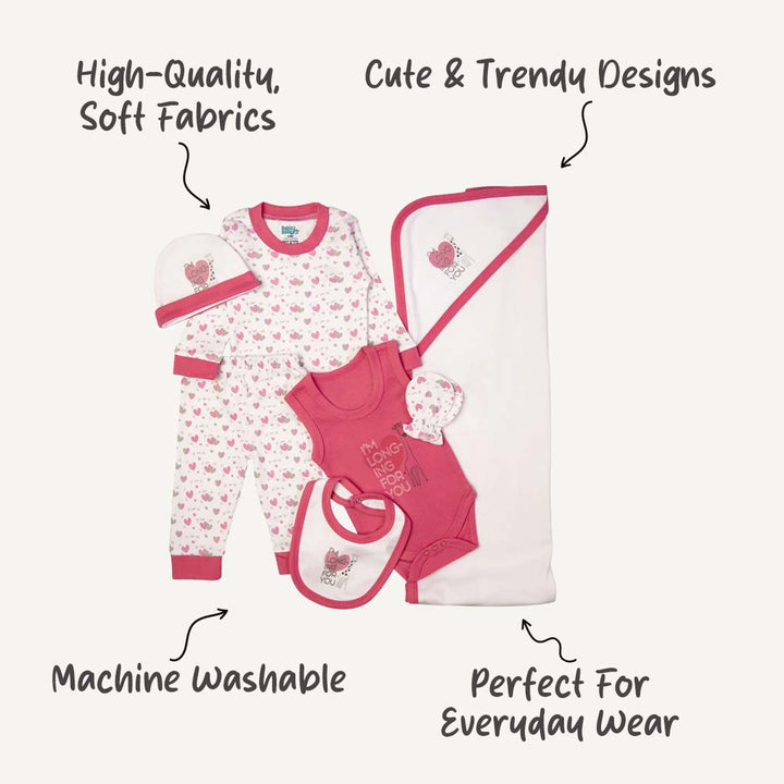 7pc Cotton Set - Bib, Romper, Mittens, Blanket, Cap, Top & Pyjama - Red