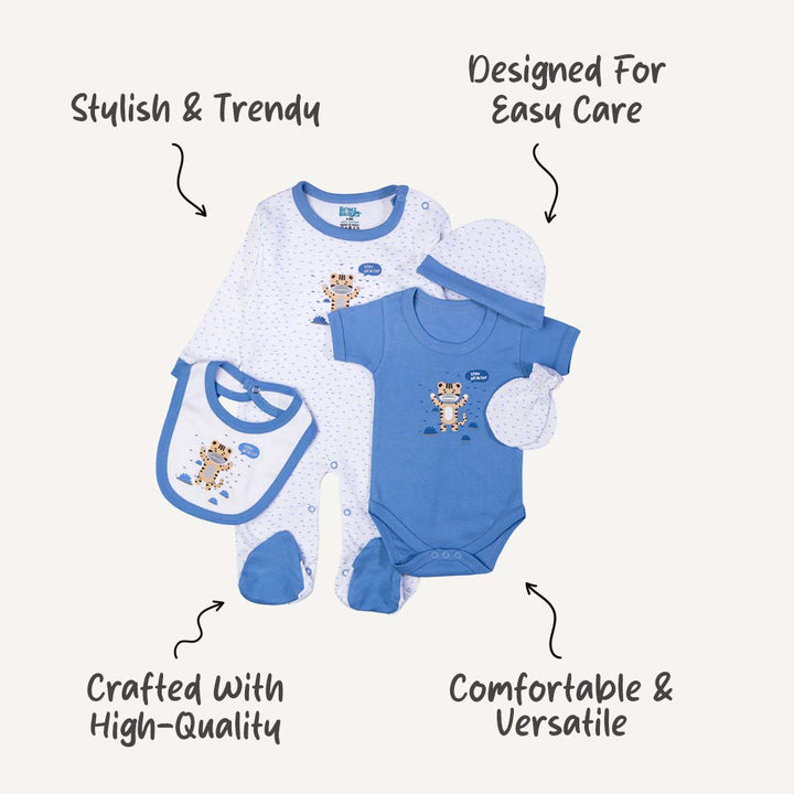 5pc Cotton Set - Bib, Romper, Mittens, Cap, Sleepsuit - Stay Healthy - Sky Blue