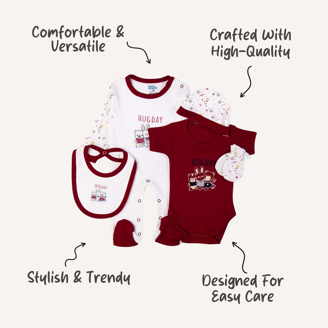 5pc Cotton Set - Bib, Romper, Mittens, Cap, Sleepsuit -  Hug Day - Red