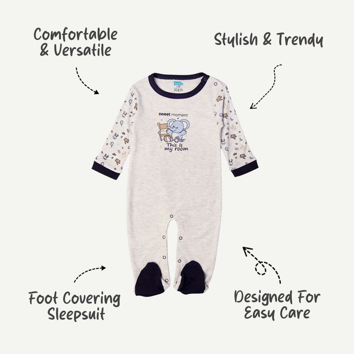Babies Basic - Printed Cotton Long Sleeves Sleepsuit/Romper -Grey/Blue