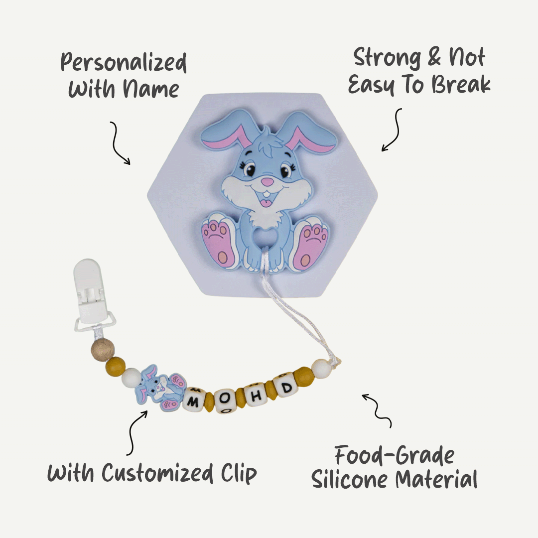 Personalized Pacifier Clip for Babies - Sky Blue Bunny | Safe, Durable And Versatile