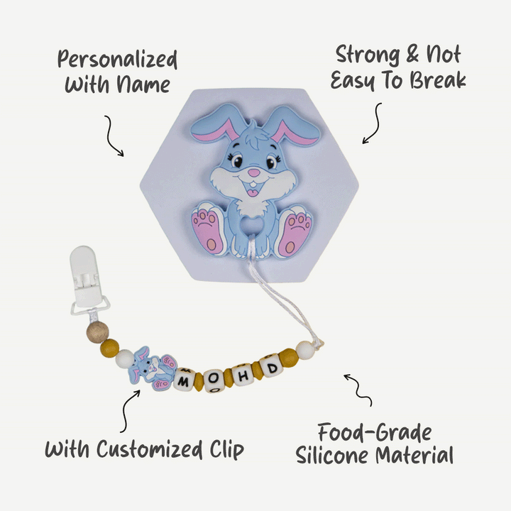 Personalized Pacifier Clip for Babies - Sky Blue Bunny | Safe, Durable And Versatile